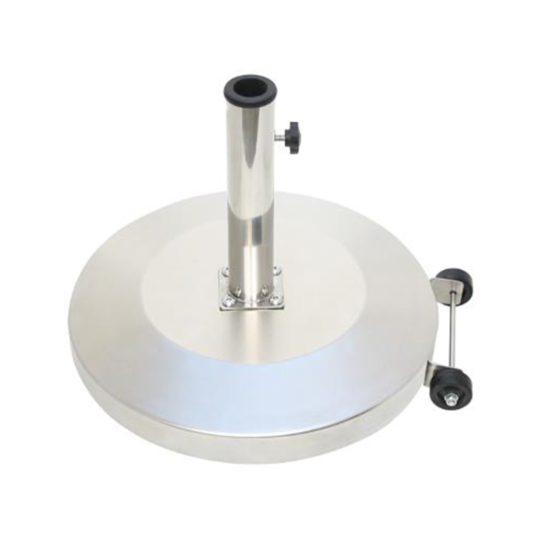 Concrete umbrella base with wheels and a stainless steel shell
