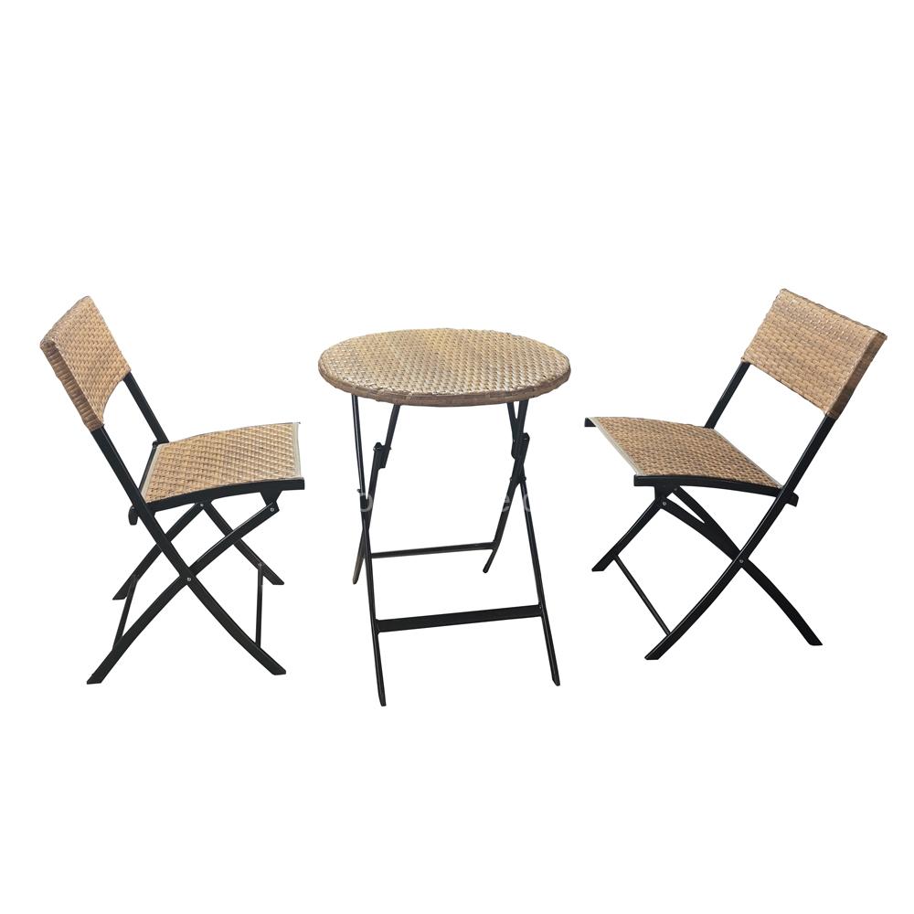 Foldable PE rattan bistro set with round table and two chairs for outdoor patio Foldable PE rattan bistro set with round table and two chairs for outdoor patio